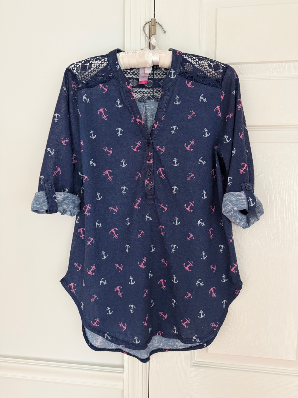 No Boundaries tunic Blouse anchor print navy blue pink white Junior's L 11-13